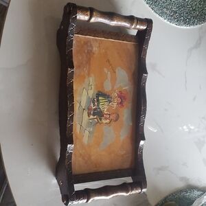 Vintage Brown Wooden Serving Tray with Painted Center